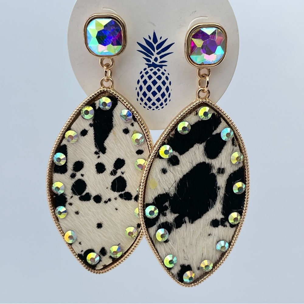 Cow Print Rhinestone Drop Earrings with Iridescent Stud Top Statement Jewelry
